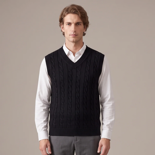 Men's cotton cable knit V-neck vest in black