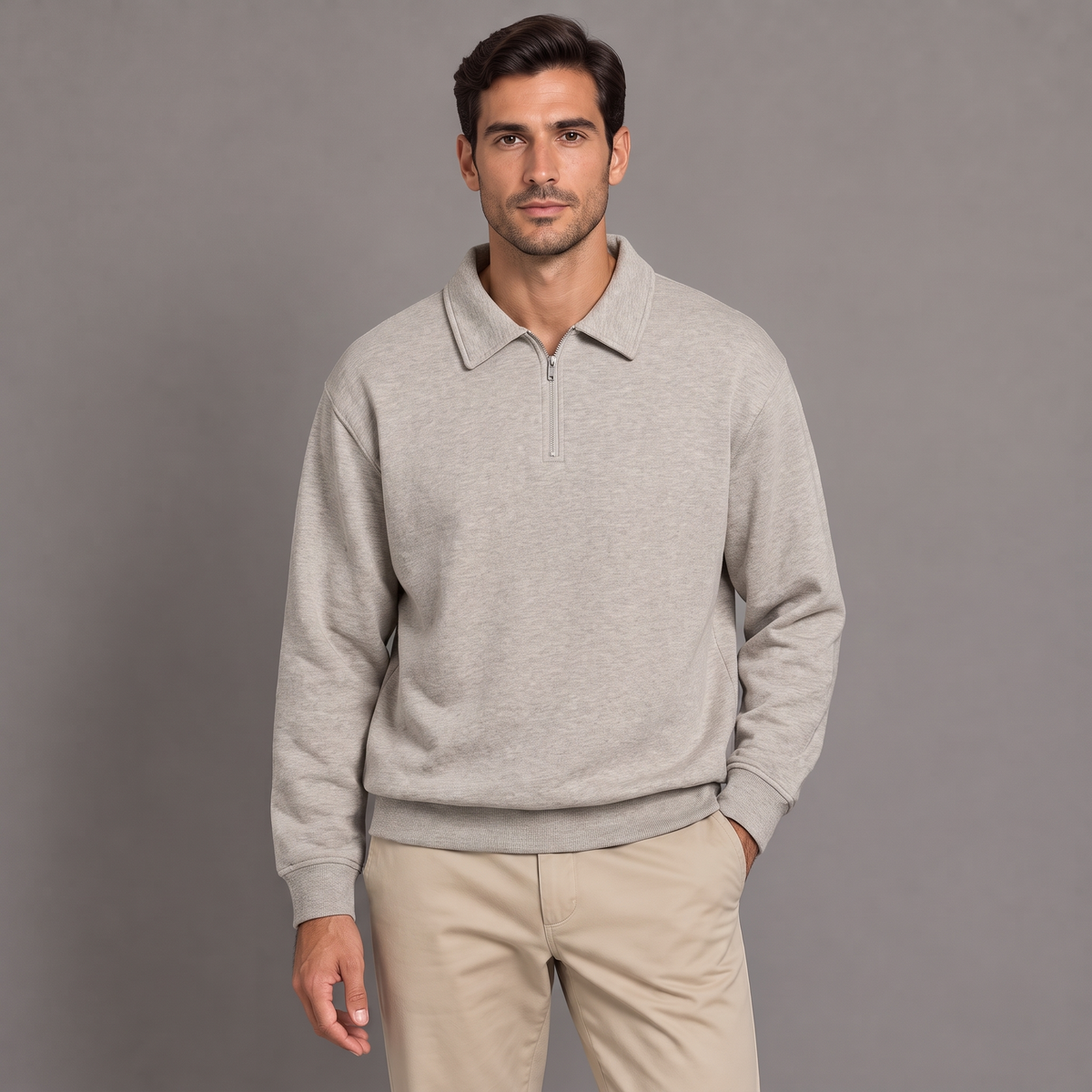 Men's quarter zip sweatshirt in light grey, front view