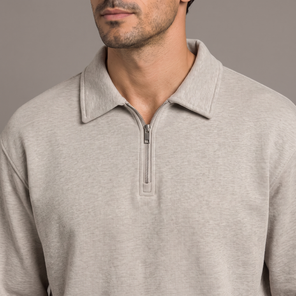 Men's quarter zip sweatshirt in light grey, collar and zip detail