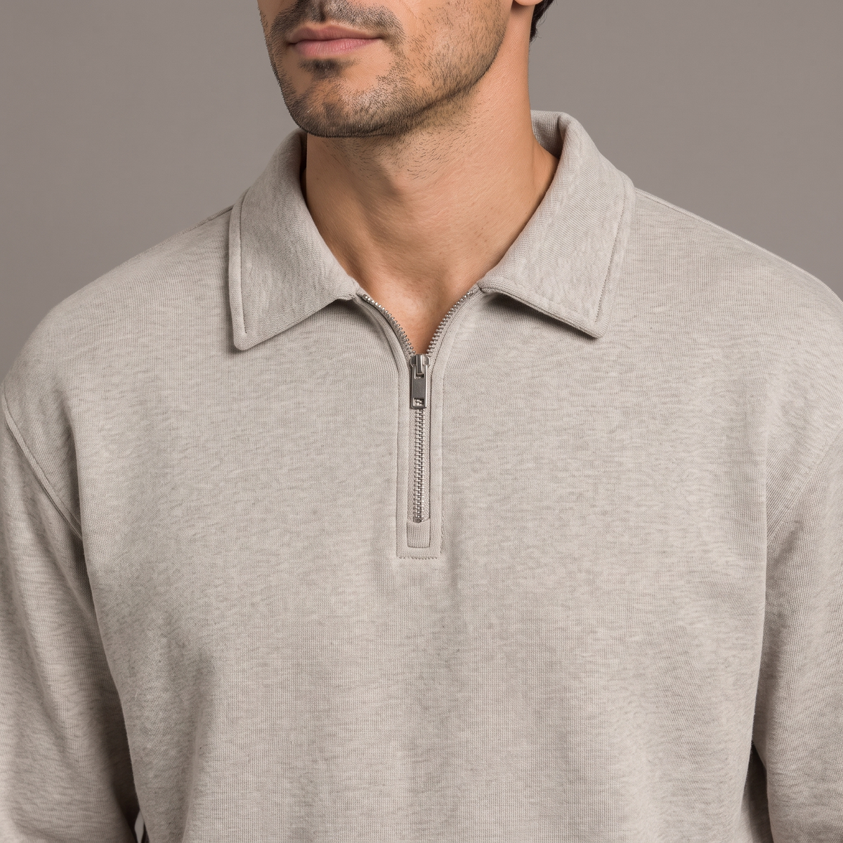 Men's quarter zip sweatshirt in light grey, collar and zip detail