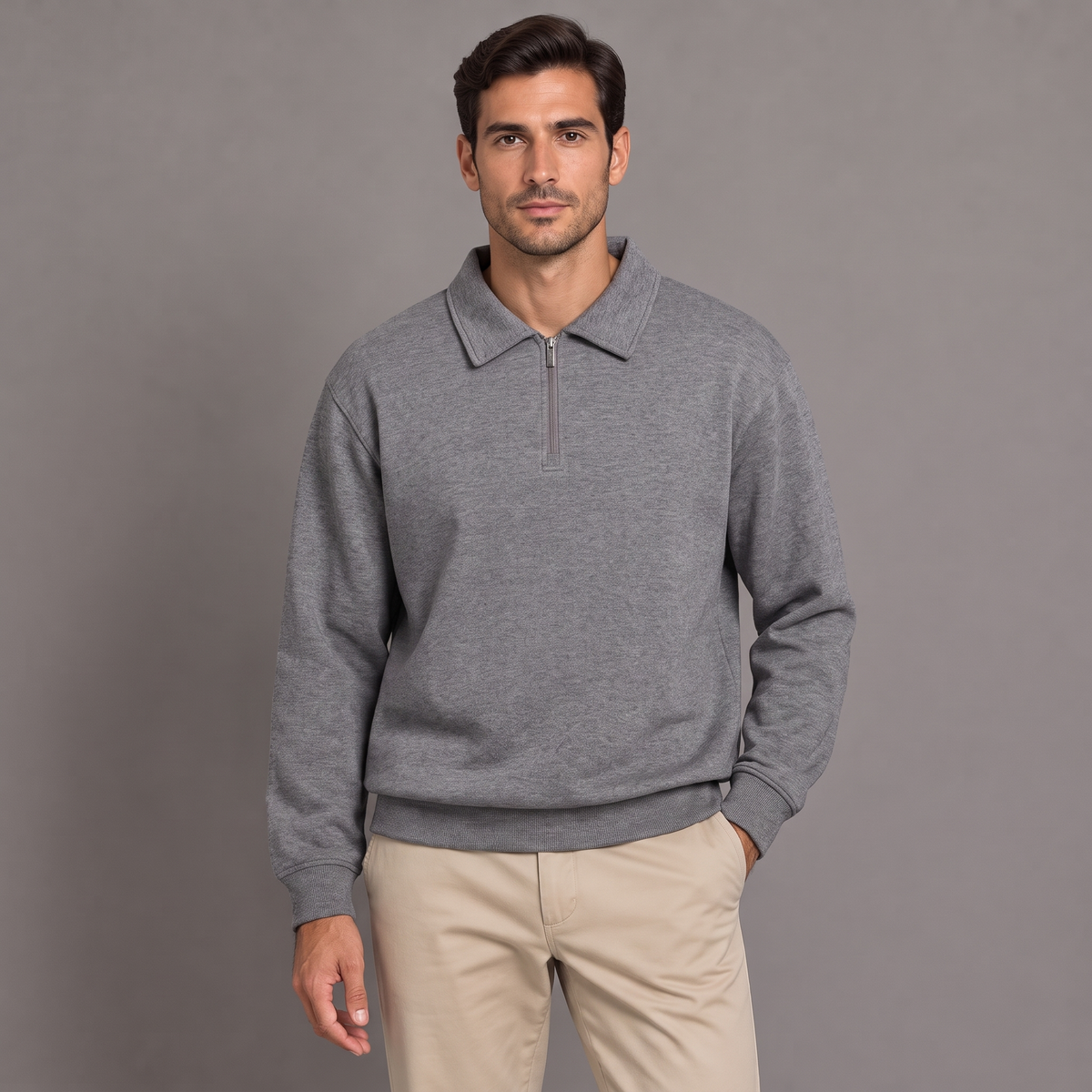 Men's quarter zip sweatshirt in grey, front view