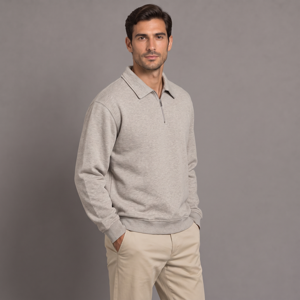 Men's quarter zip sweatshirt in light grey, three-quarter view