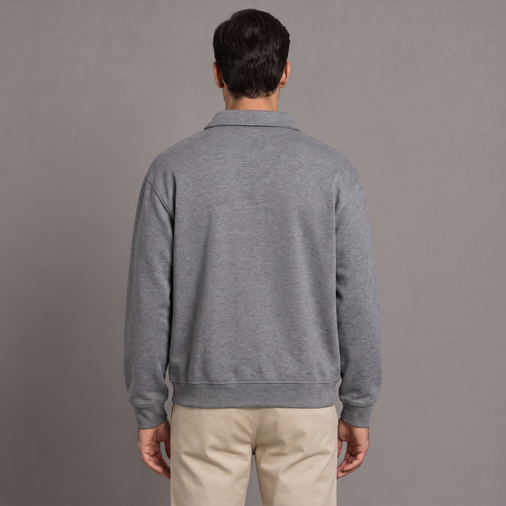Men's quarter zip sweatshirt in grey, back view