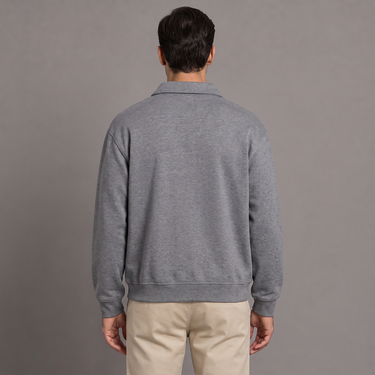 Men's quarter zip sweatshirt in grey, back view