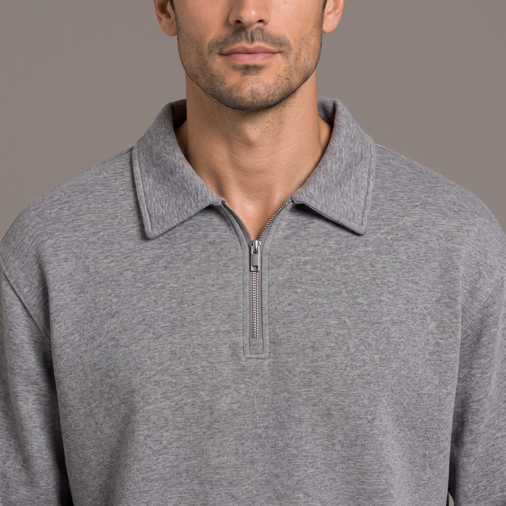 Men's quarter zip sweatshirt in grey, collar and zip detail