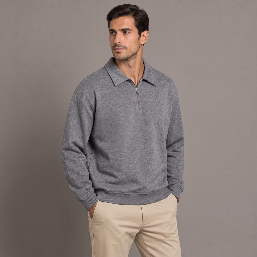 Men's quarter zip sweatshirt in grey, three-quarter view