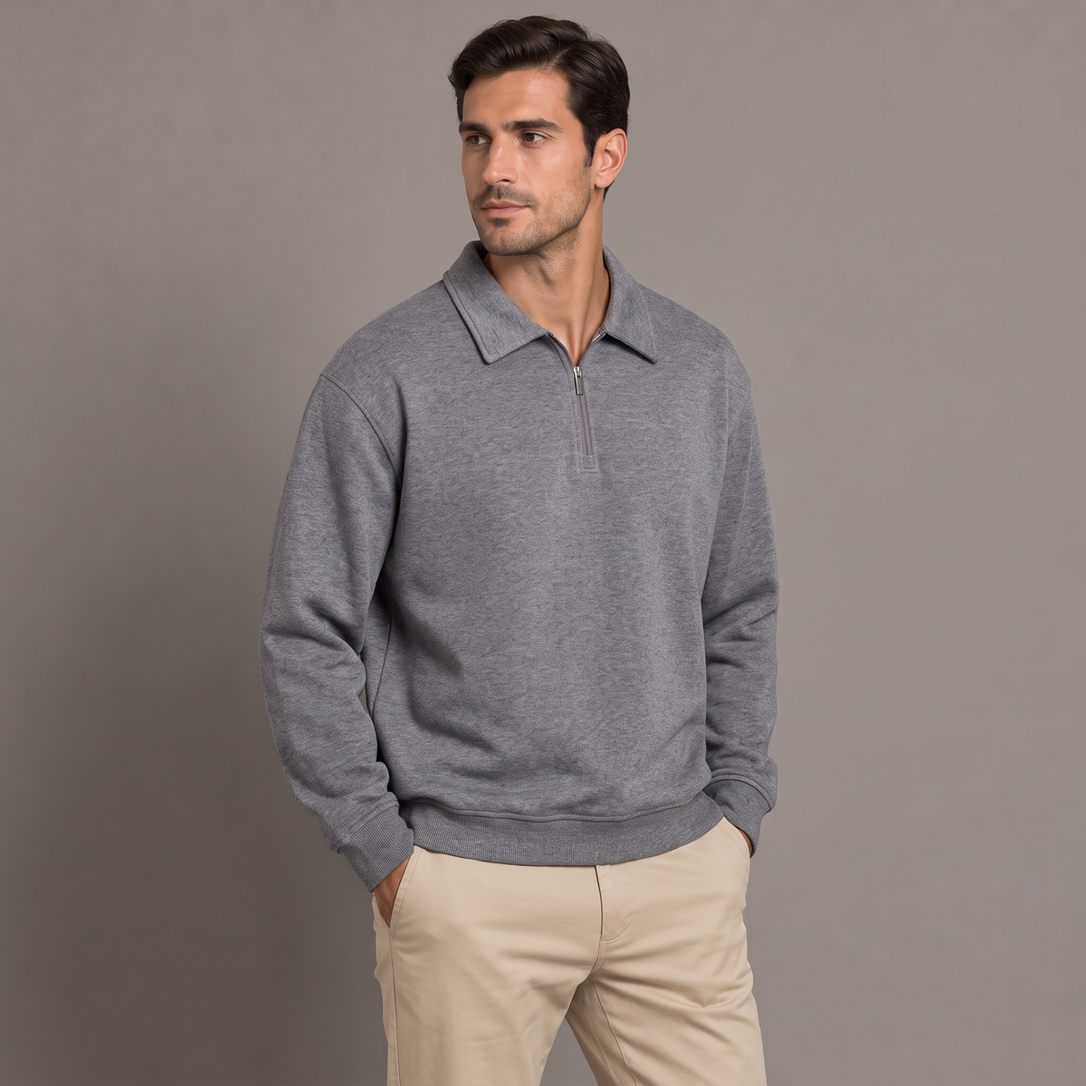 Men's quarter zip sweatshirt in grey, three-quarter view