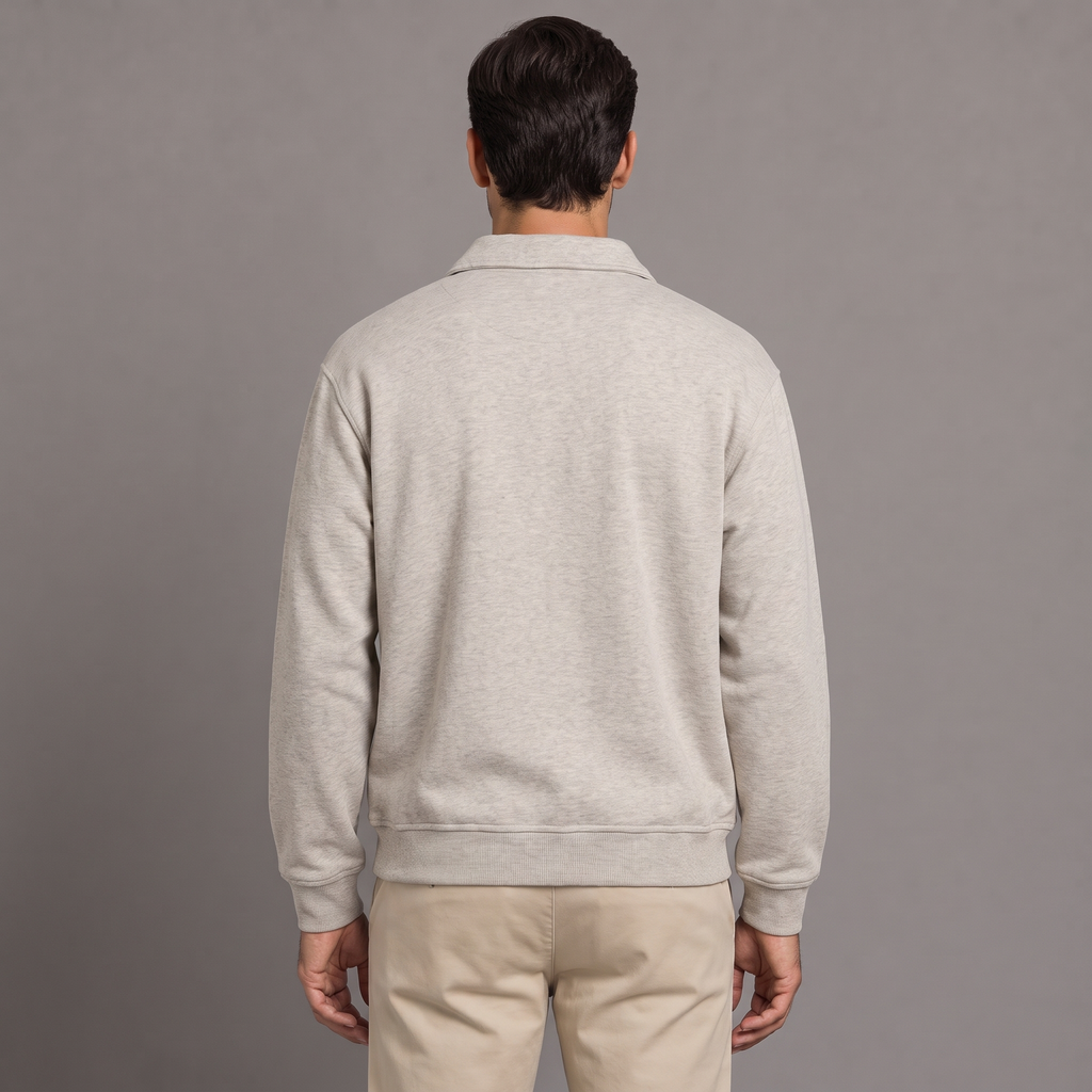 Men's quarter zip sweatshirt in light grey, back view