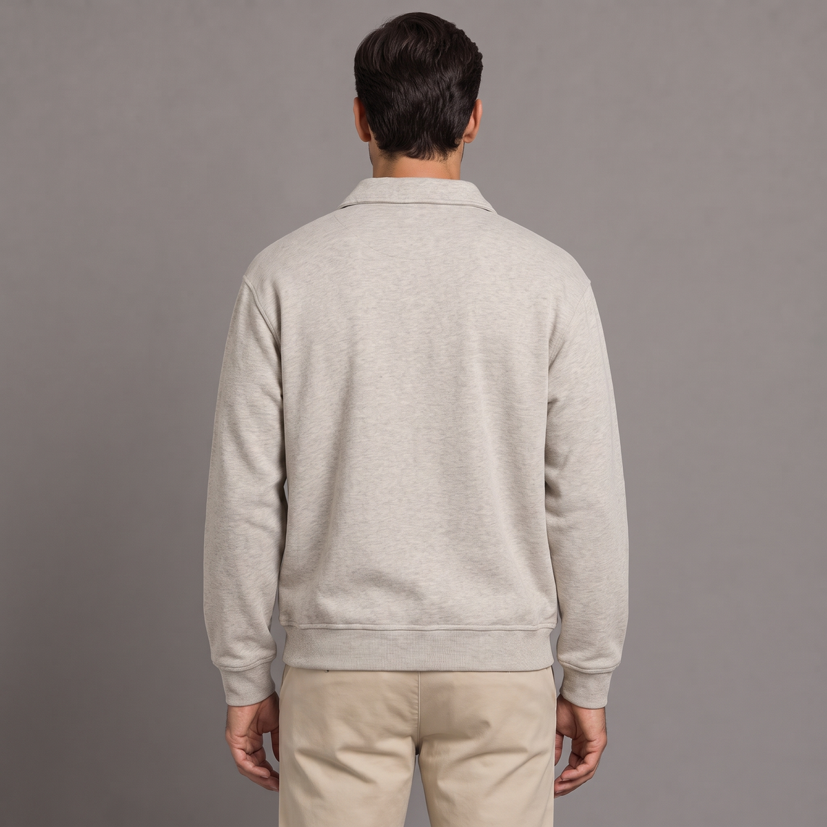 Men's quarter zip sweatshirt in light grey, back view
