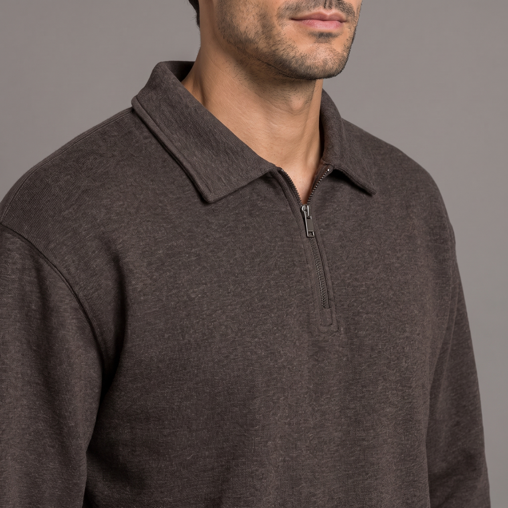 Men's quarter zip sweatshirt in brown, collar and zip detail