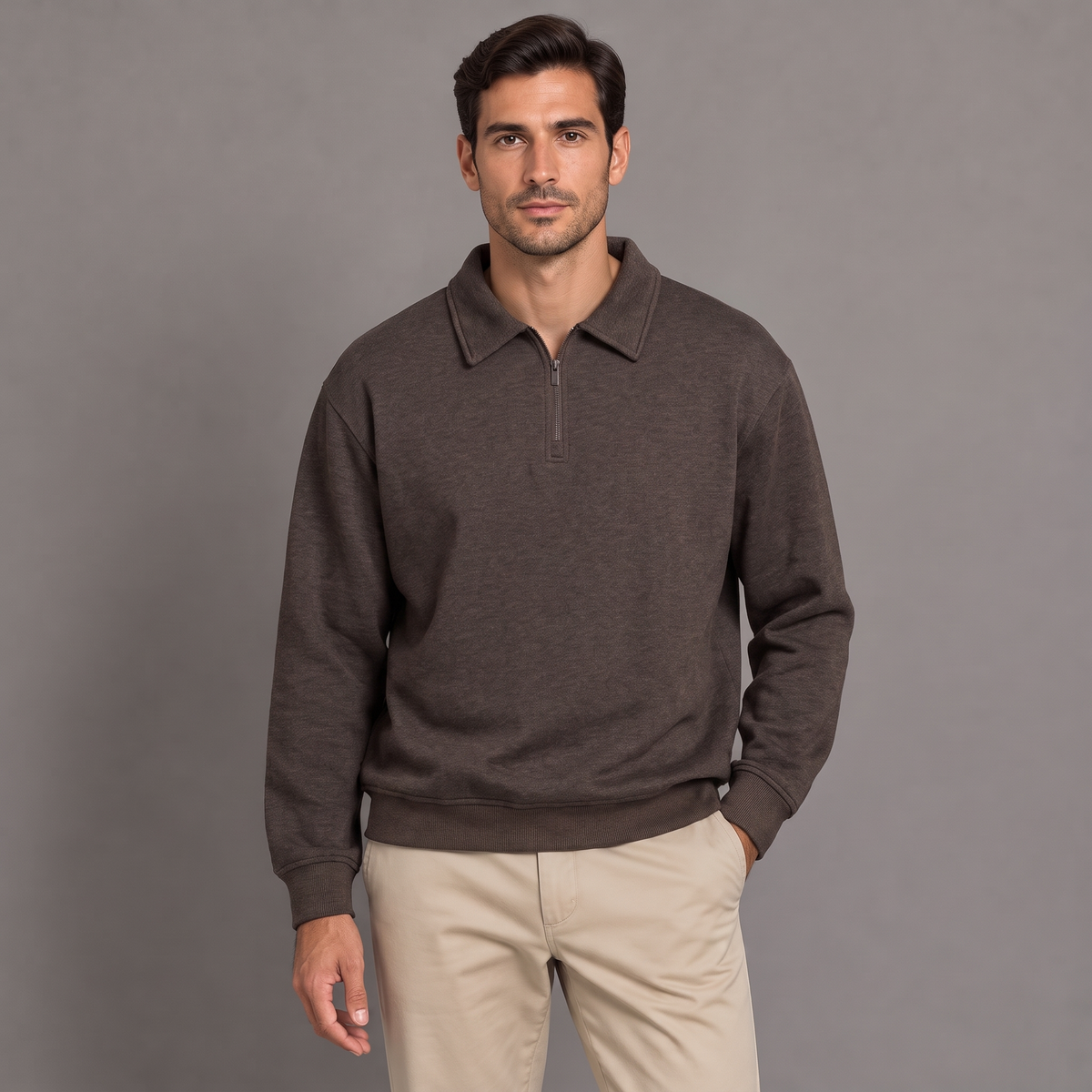 Men's quarter zip sweatshirt in brown, front view