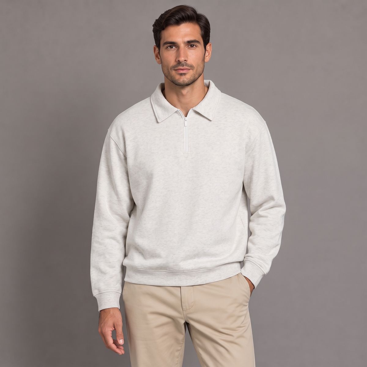 Men's quarter zip sweatshirt in off white, front view