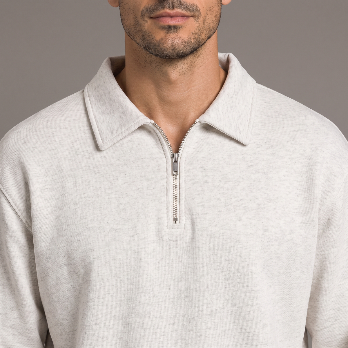 Men's quarter zip sweatshirt in off white, collar and zip detail