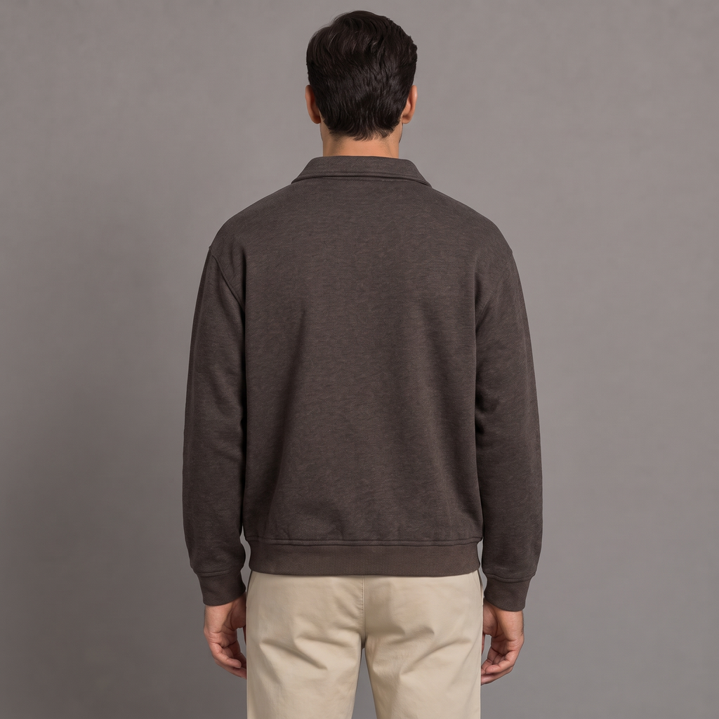 Men's quarter zip sweatshirt in brown, back view