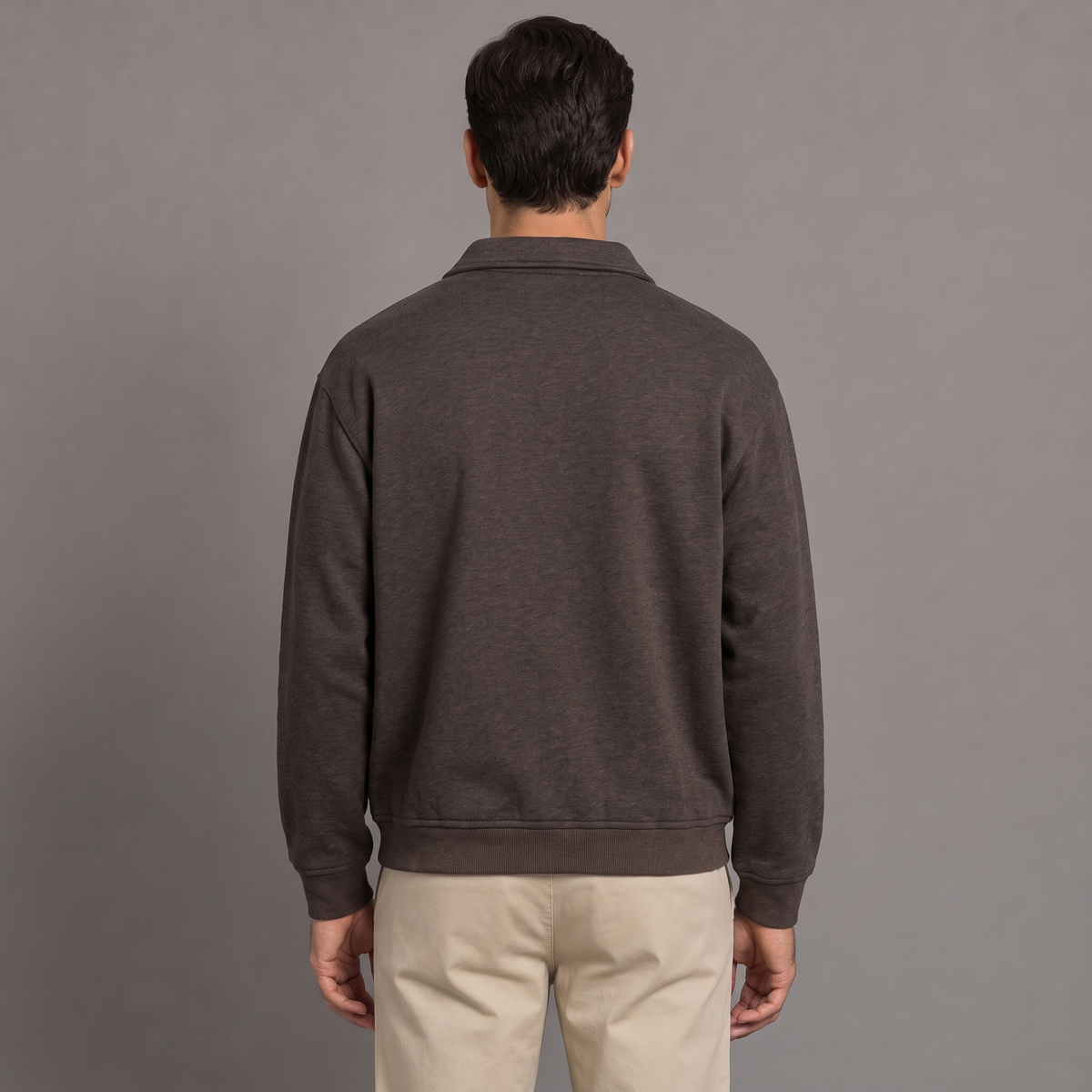 Men's quarter zip sweatshirt in brown, back view