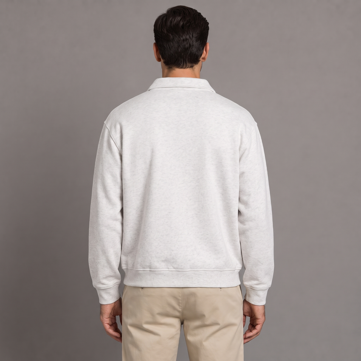 Men's quarter zip sweatshirt in off white, back view