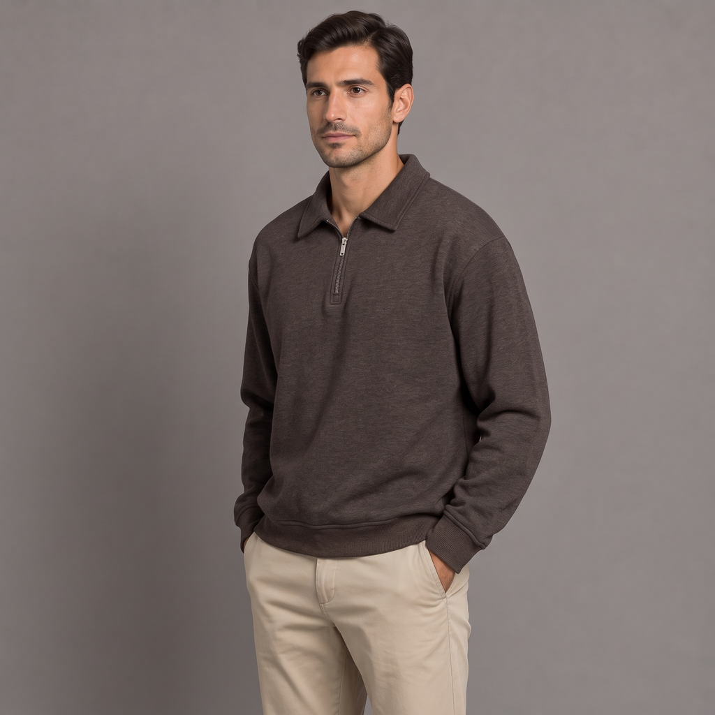 Men's quarter zip sweatshirt in brown, three-quarter view