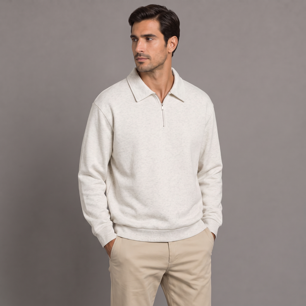 Men's quarter zip sweatshirt in off white, three-quarter view