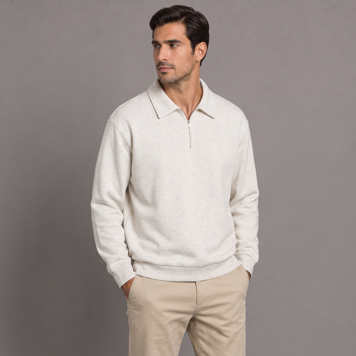 Men's quarter zip sweatshirt in off white, three-quarter view