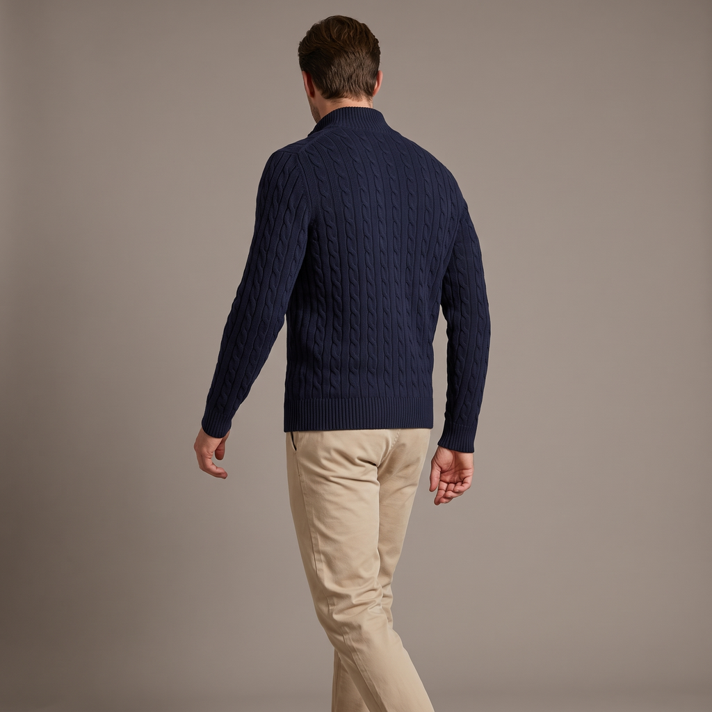 Men's cable knit half-zip jumper in navy, back view