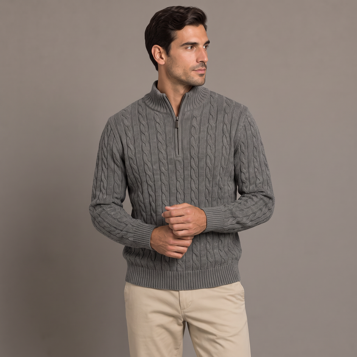Men's cable knit half-zip jumper in grey, three-quarter view