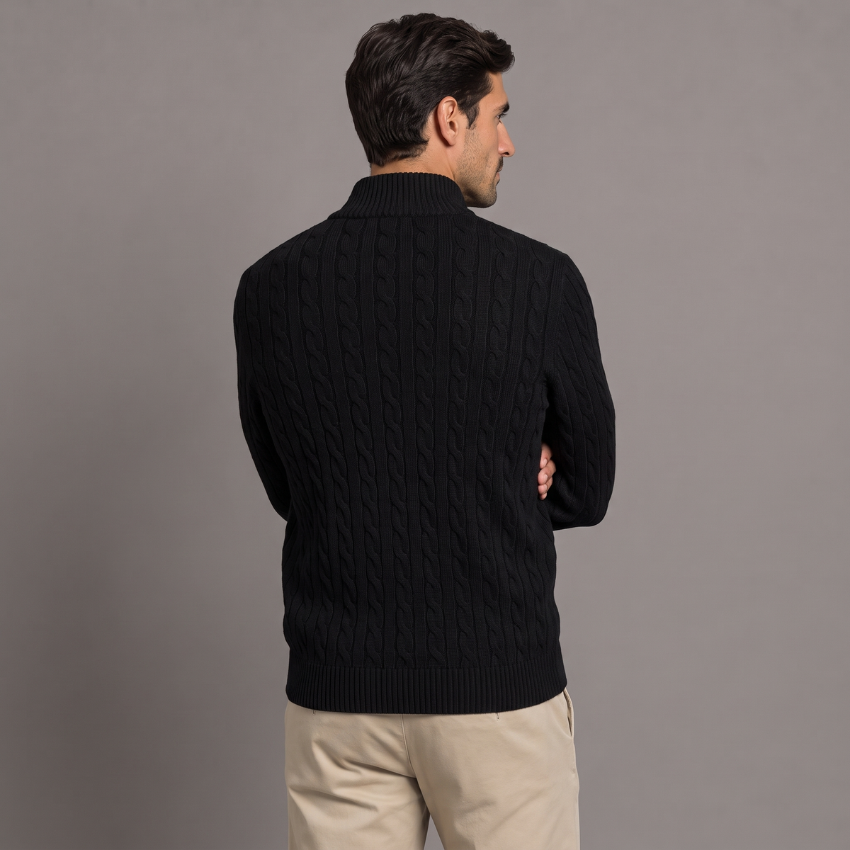 Men's cable knit half-zip jumper in black, back view
