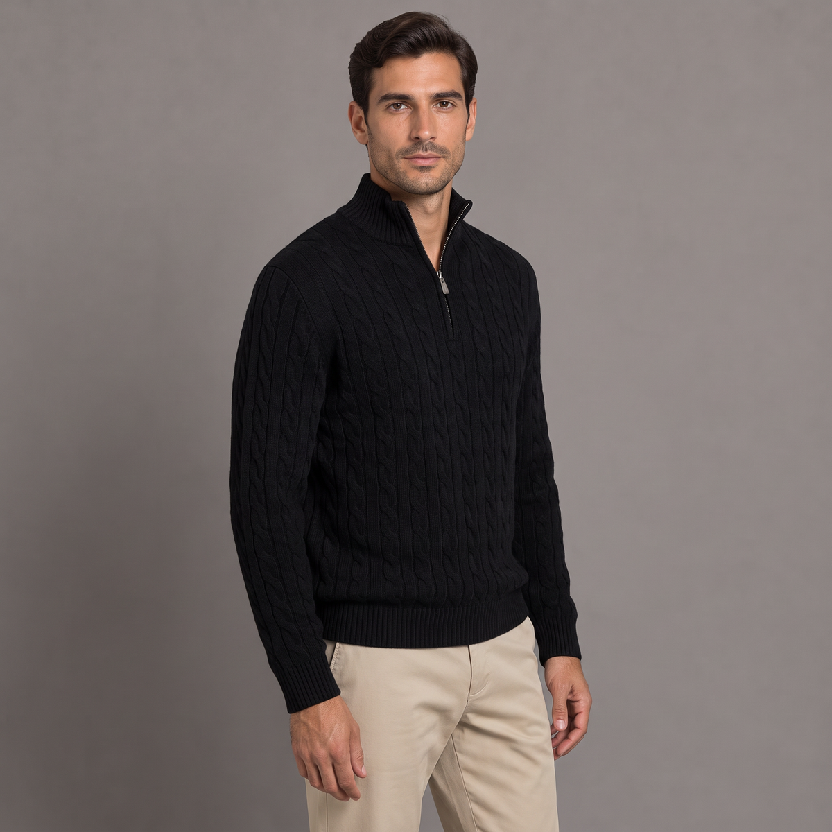 Men's cable knit half-zip jumper in black, three-quarter view