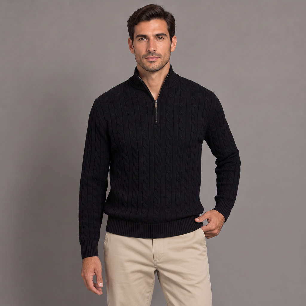 Men's cable knit half-zip jumper in black, front view