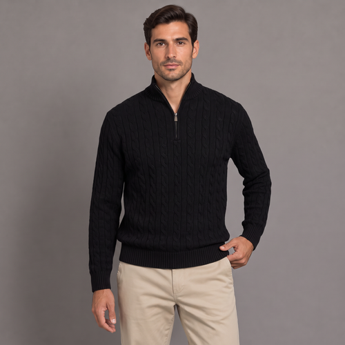 Men's cable knit half-zip jumper in black, front view