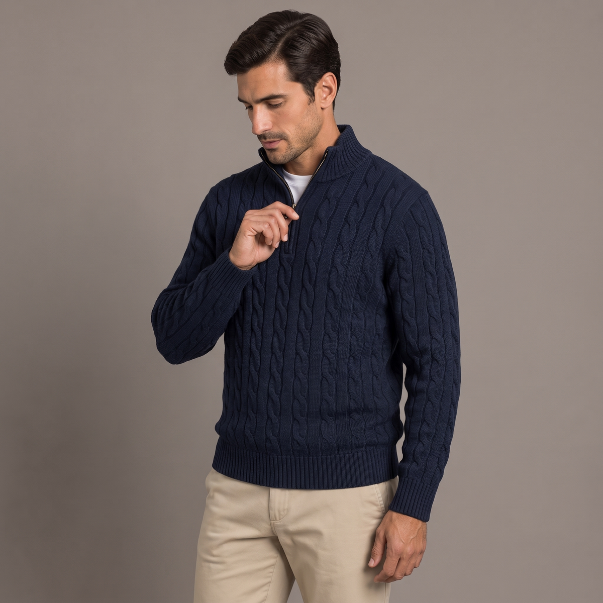 Men's cable knit half-zip jumper in navy, three-quarter view