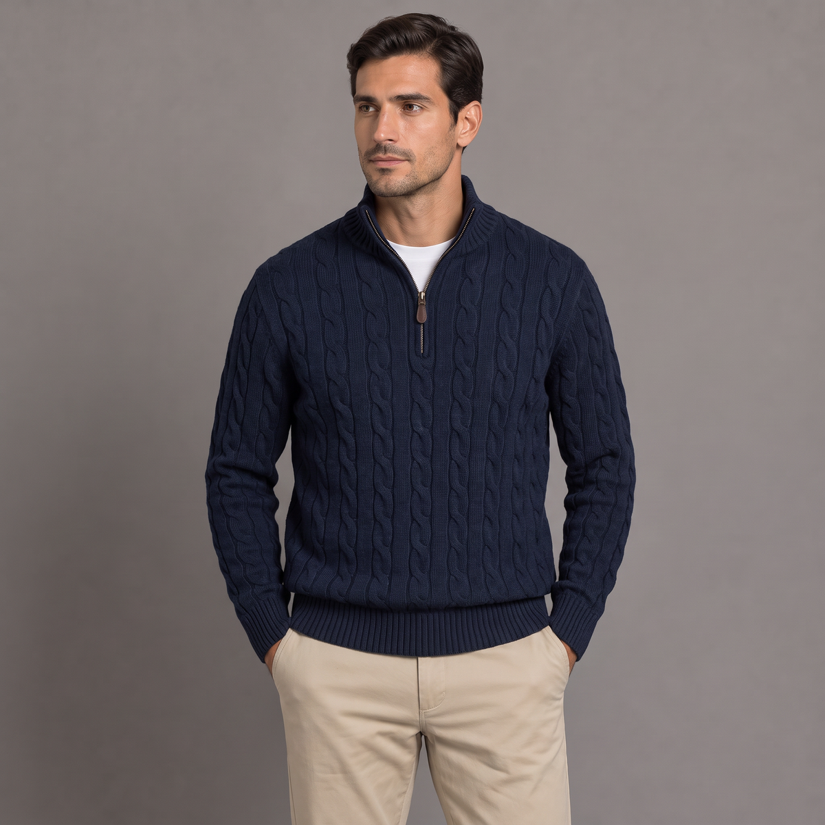 Men's cable knit half-zip jumper in navy, front view