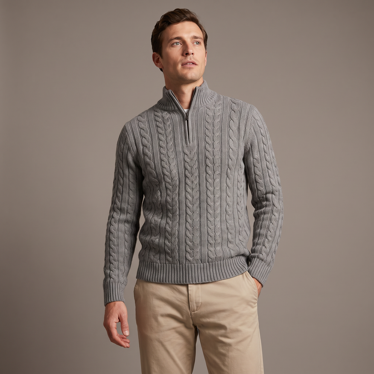 Men's cable knit half-zip jumper in grey, front view