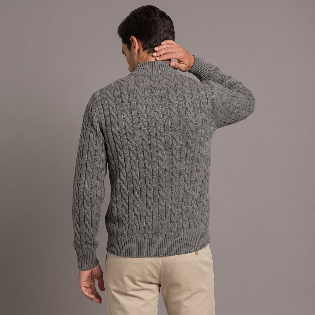 Men's cable knit half-zip jumper in grey, back view