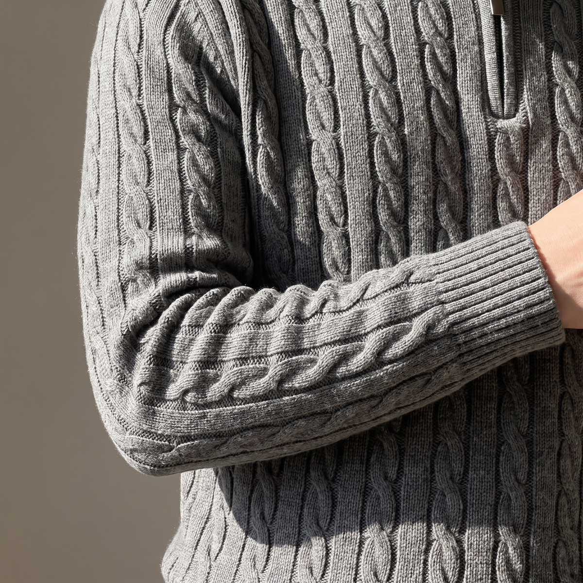 Men's cable knit half-zip jumper in grey, cuff and cable detail