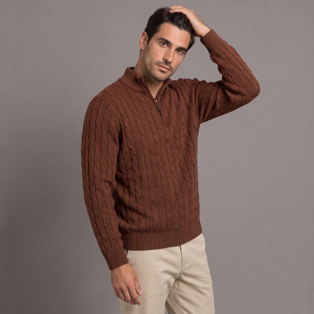 Men's cable knit half-zip jumper in brown, three-quarter view