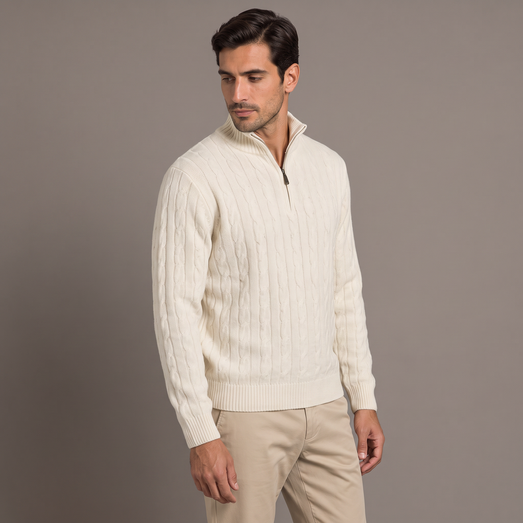 Men's cable knit half-zip jumper in cream, three-quarter view