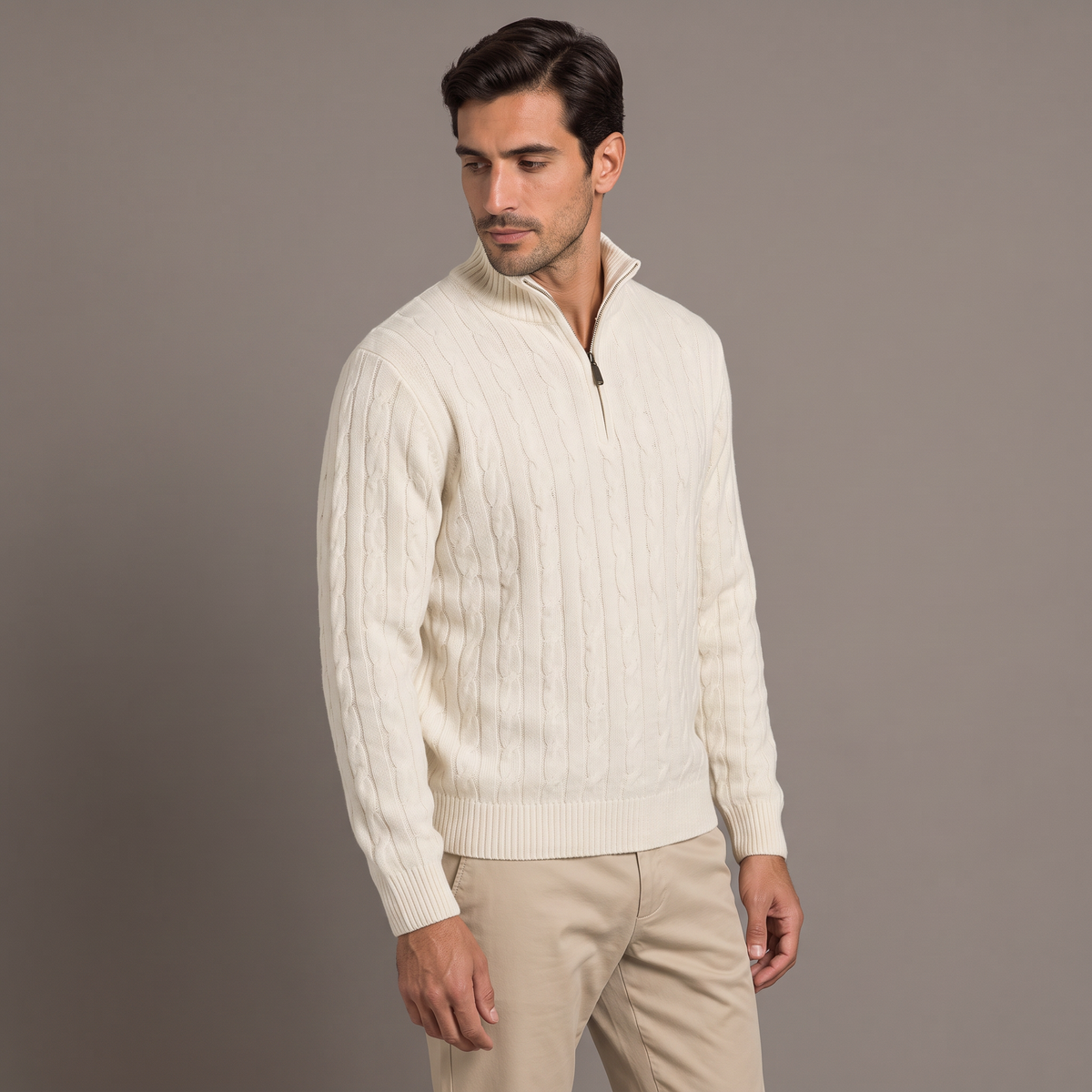 Men's cable knit half-zip jumper in cream, three-quarter view