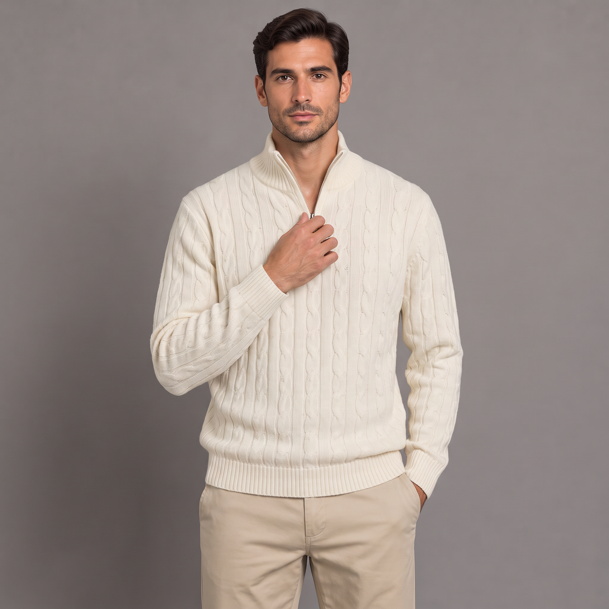 Men's cable knit half-zip jumper in cream, front view