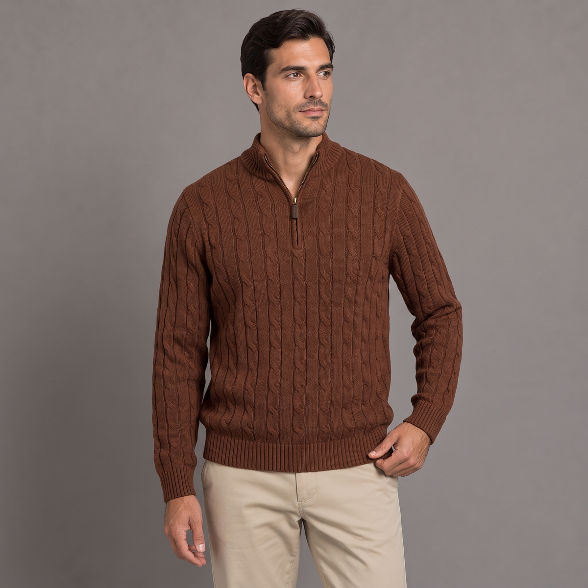 Men's cable knit half-zip jumper in brown, front view