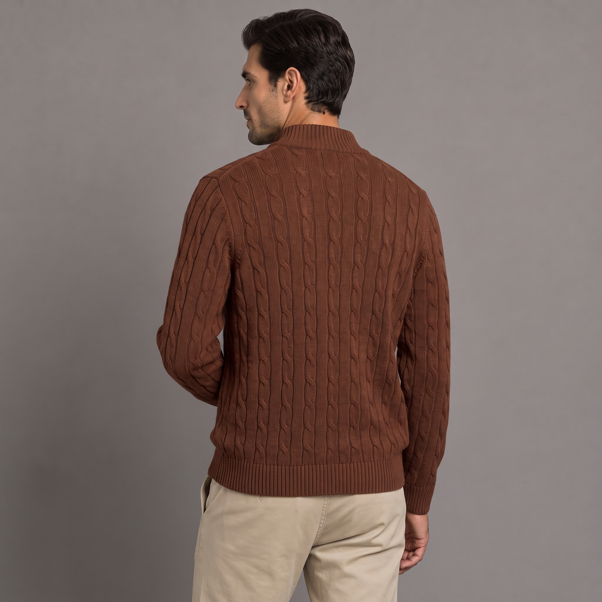 Men's cable knit half-zip jumper in brown, back view