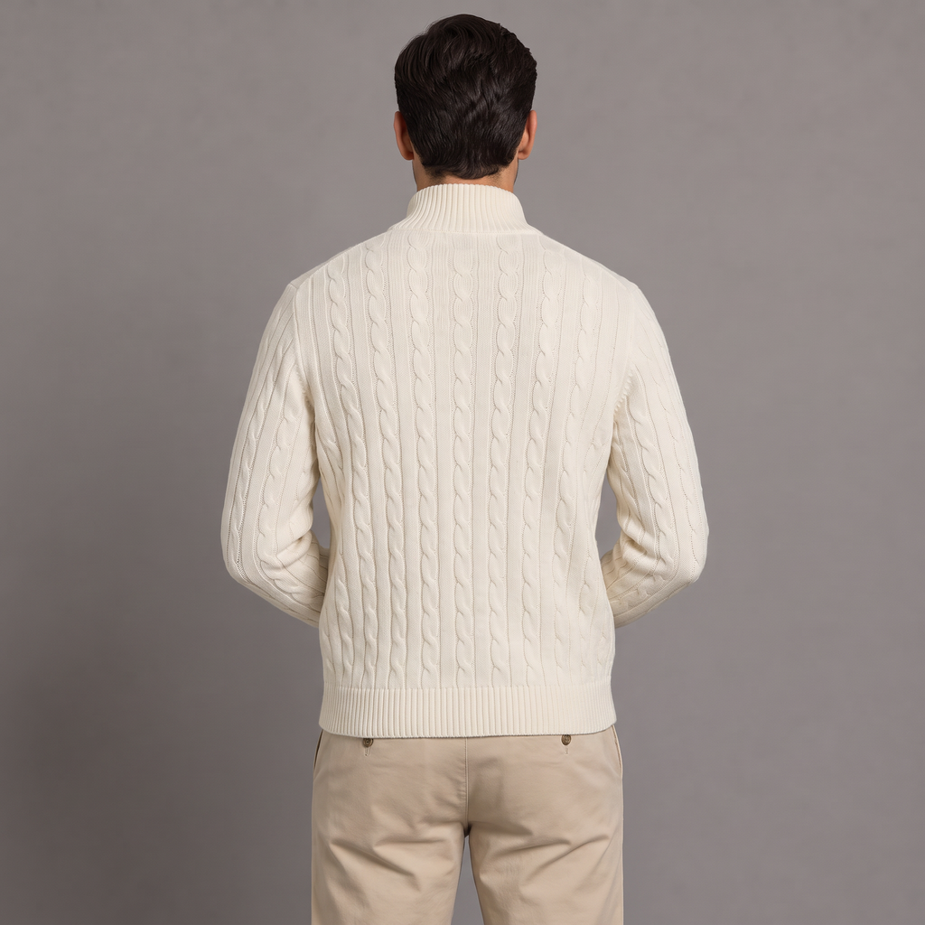 Men's cable knit half-zip jumper in cream, back view