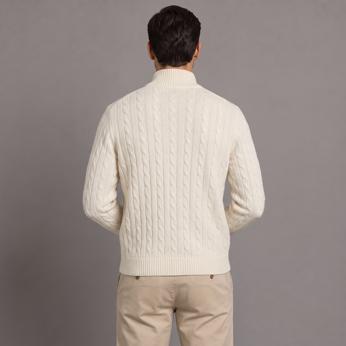 Men's cable knit half-zip jumper in cream, back view