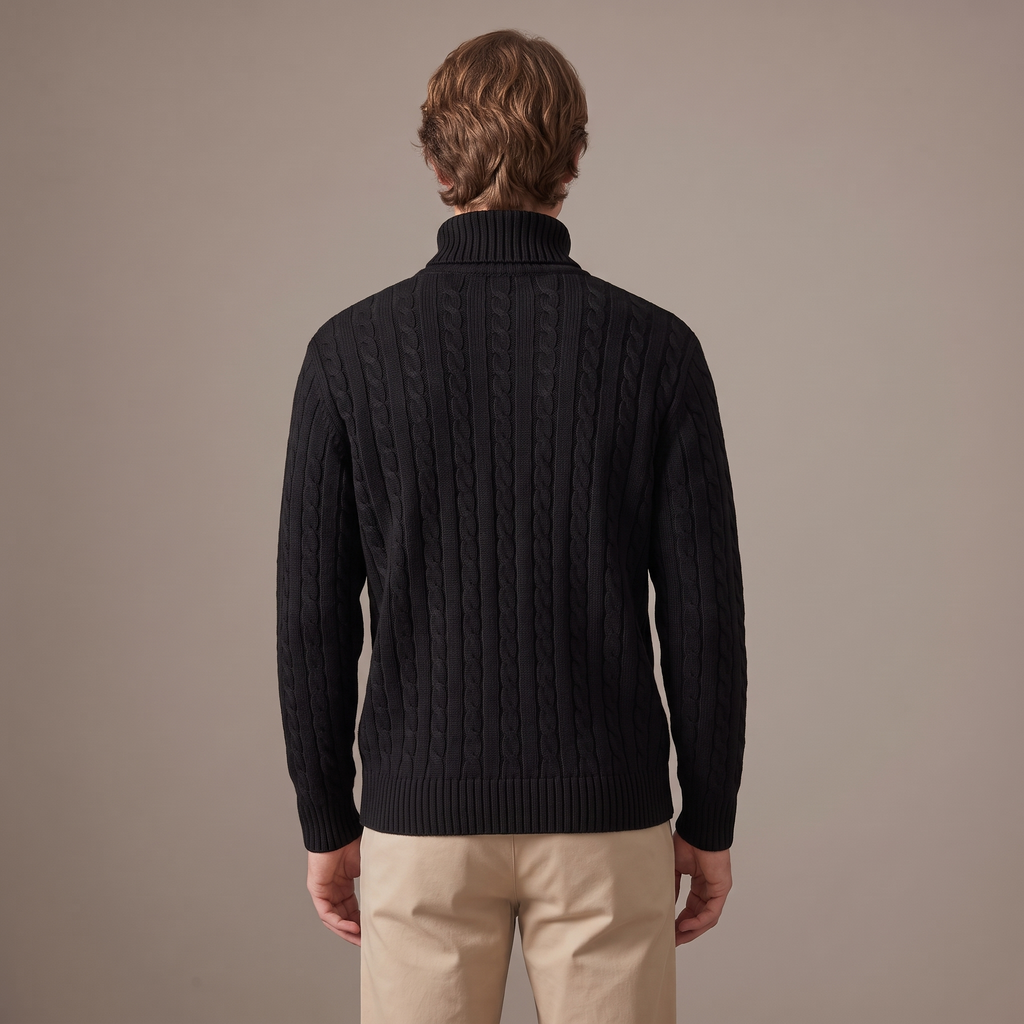 Men's fleece-lined roll neck jumper in black, back view