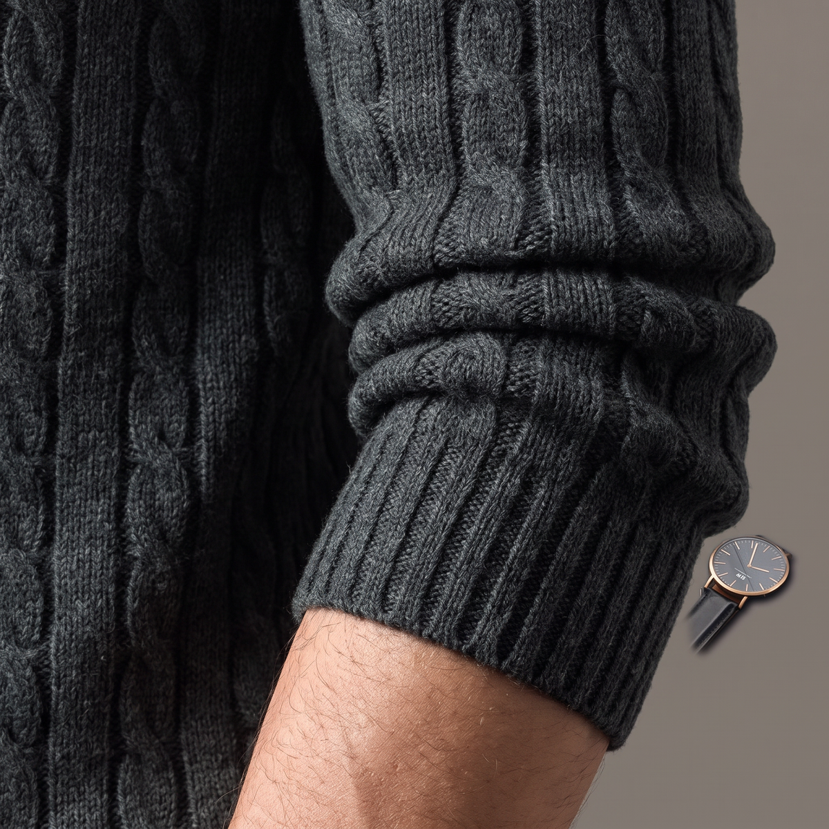 Men's fleece-lined roll neck jumper in charcoal, cuff detail