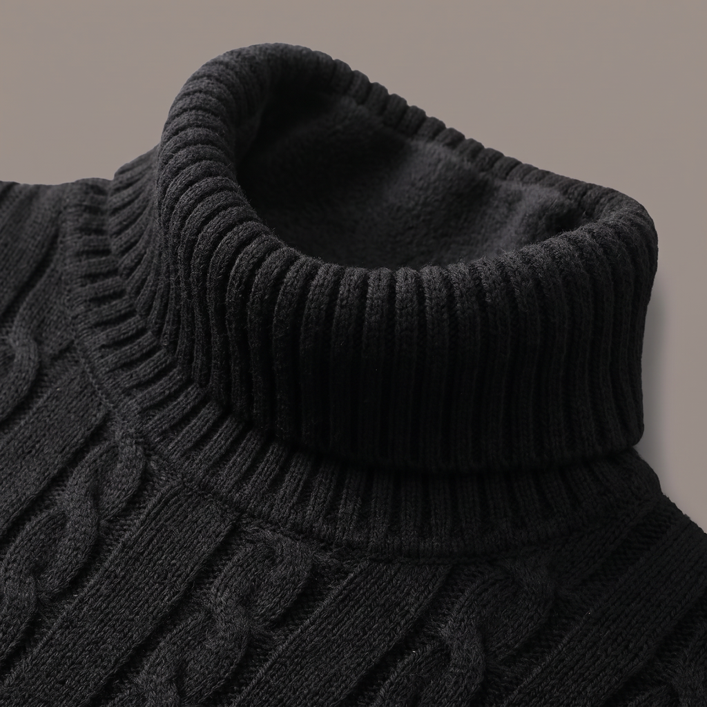 Men's fleece-lined roll neck jumper in black, collar detail