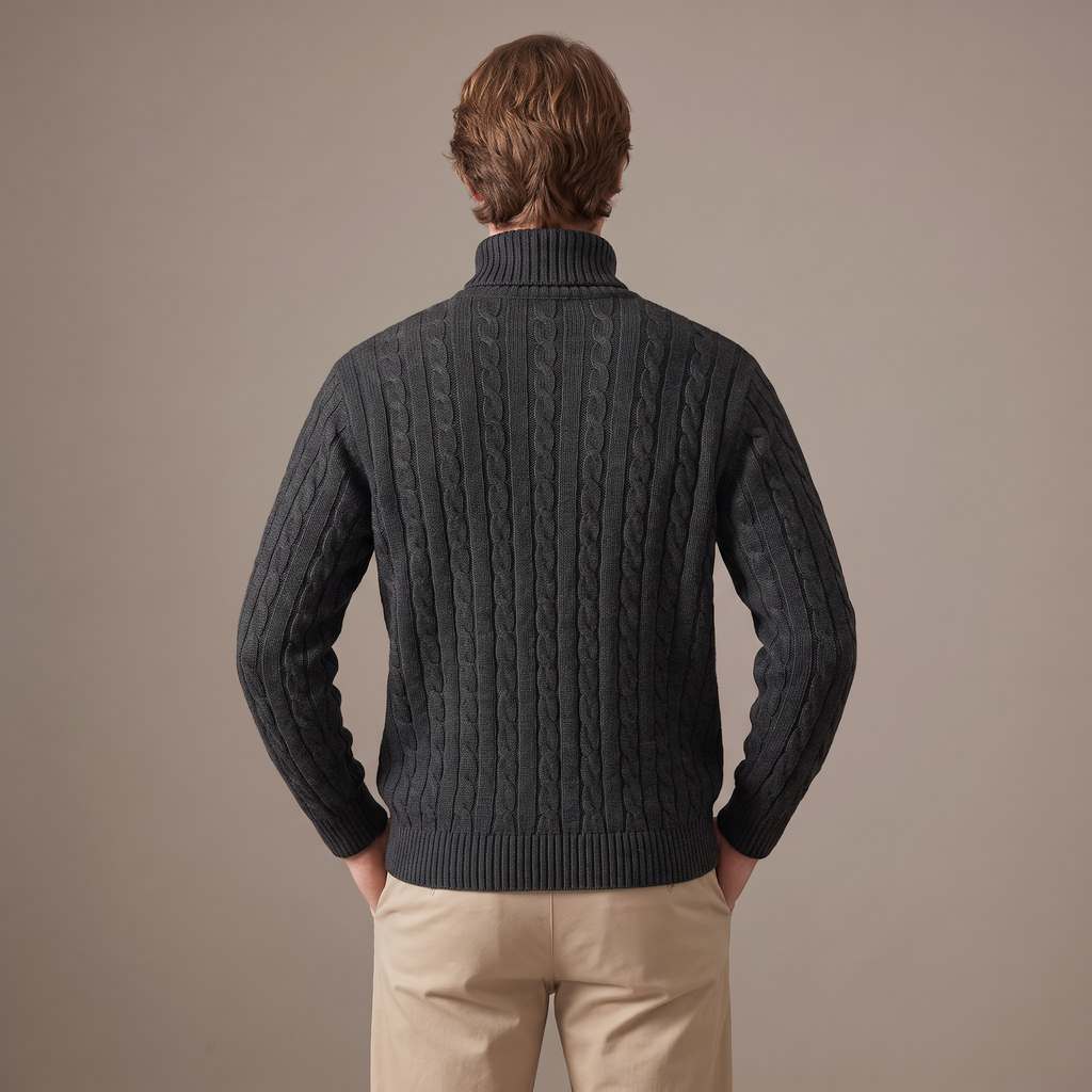 Men's fleece-lined roll neck jumper in charcoal, back view