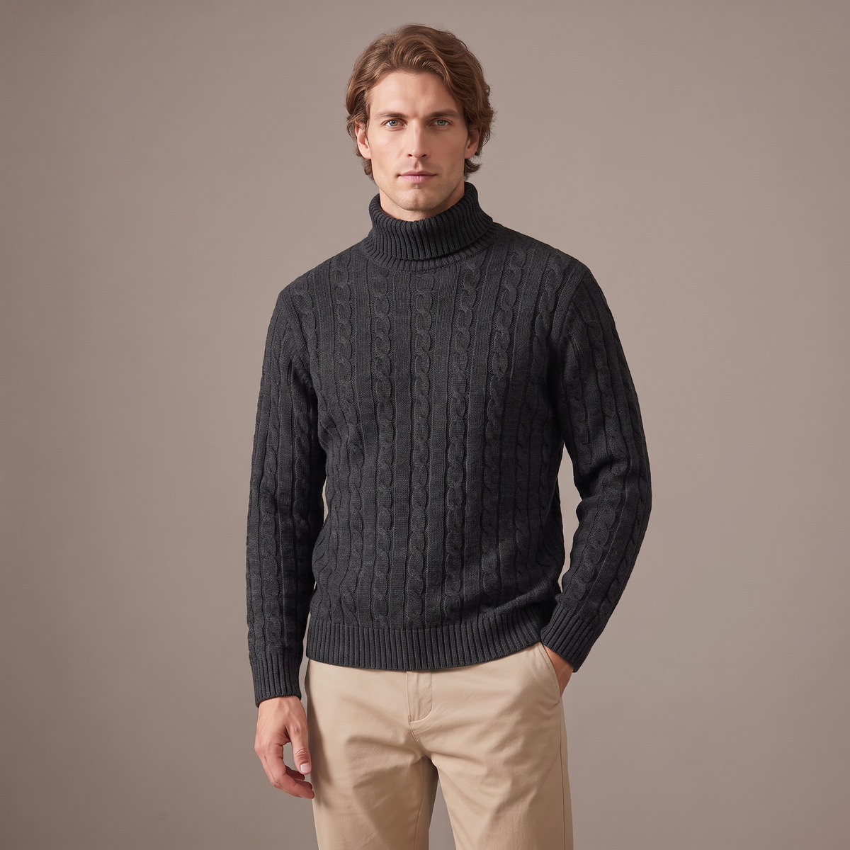 Men's fleece-lined roll neck jumper in charcoal, front view