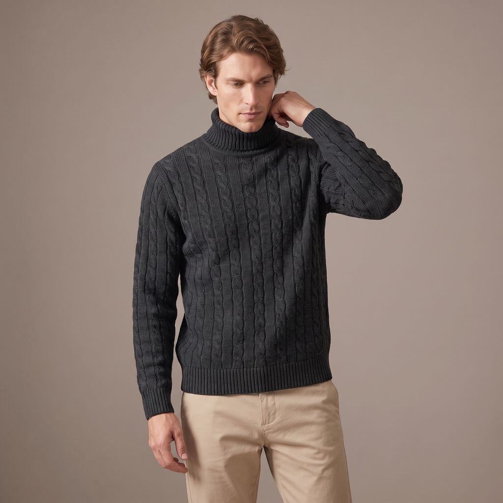 Men's fleece-lined roll neck jumper in charcoal, three-quarter view