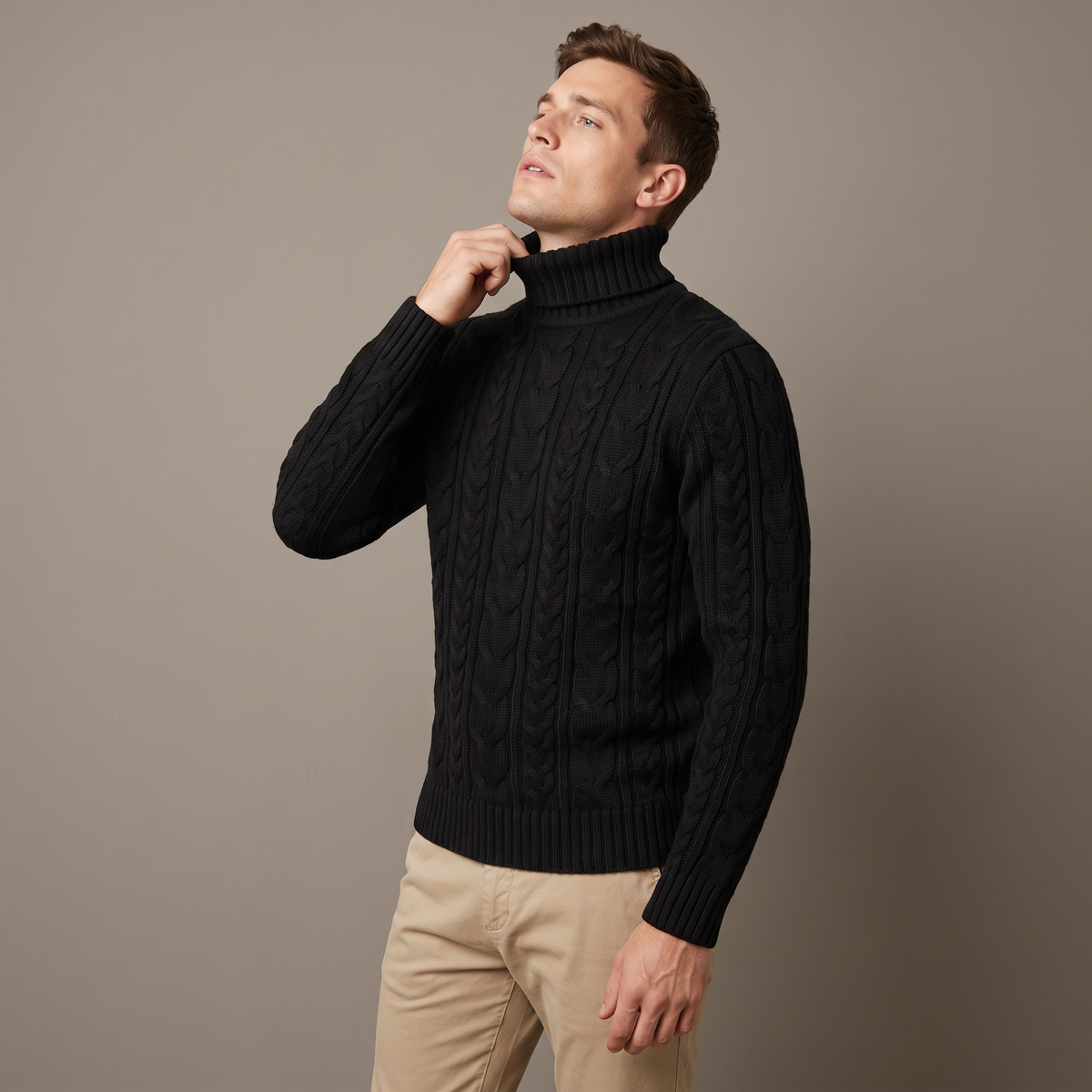 Men's fleece-lined roll neck jumper in black, three-quarter view
