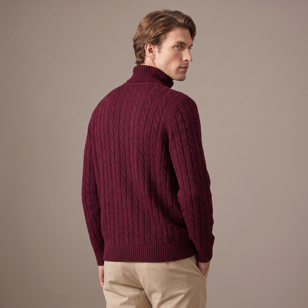 Men's fleece-lined roll neck jumper in burgundy, back view